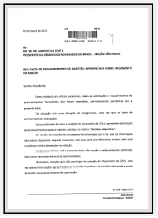 Falta de esclarecimento de questão apresentada sobre orçamento da OAB/SP